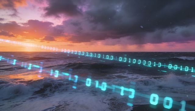 Surging ocean at dusk with glowing binary streams and turquoise data trails, sunset twilight