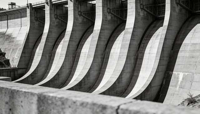Curved Concrete Spillway Bays Creating Repeating Arches on Monolithic Dam Structure