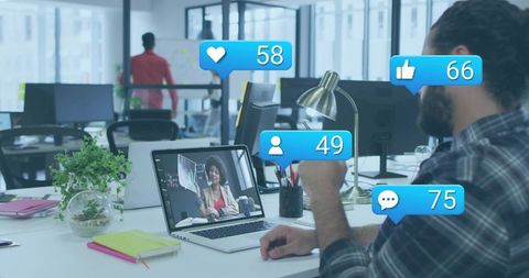 Remote meeting in modern office with social media engagement