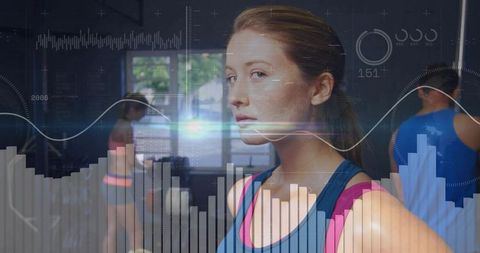Focused Woman Training with Fitness Data Overlays in Gym Weight Room