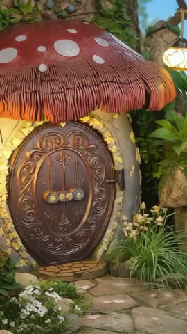 Vertical video of mushroom door with daylight shifting, lantern sparking, plants glowing
