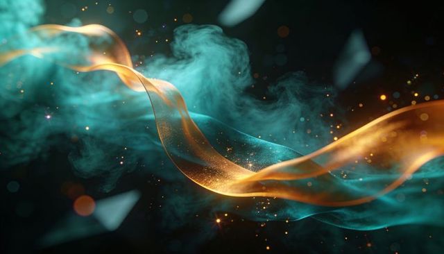 Teal and amber ribbon flowing with golden sparkles and turquoise mist for backgrounds