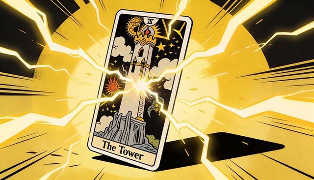 Tarot tower card exploding with lightning and cosmic starburst, bold graphic energy