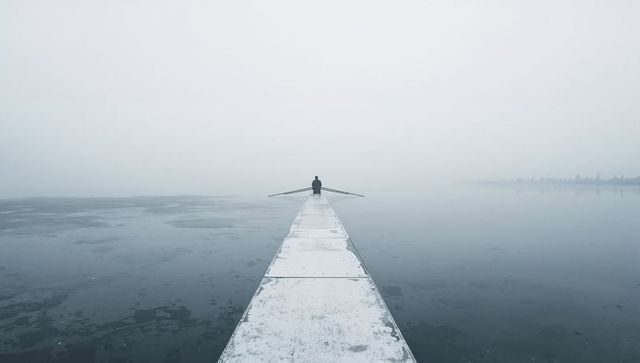 Silhouetted rower standing on frosted pier holding oars into foggy lake minimalist solitude