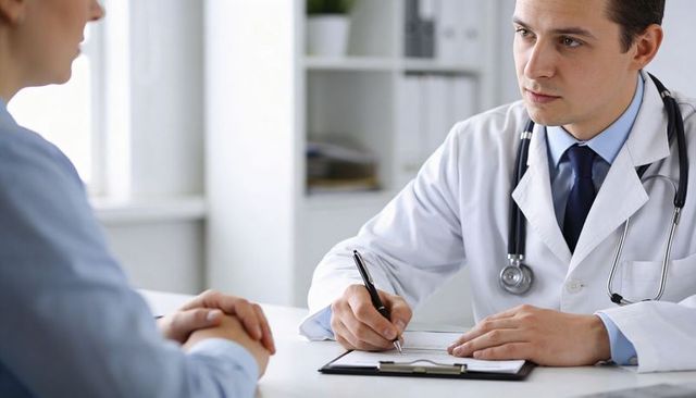 Male doctor consulting patient and taking notes on clipboard during clinic consultation