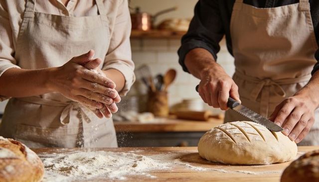 Couple baking rustic loaf scoring dough and dusting flour in cozy home kitchen