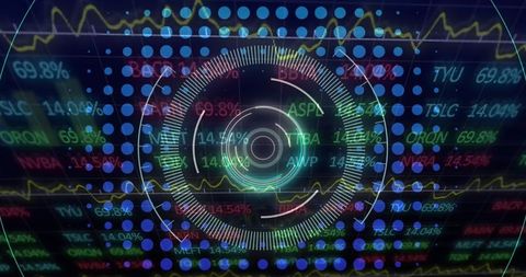 Futuristic stock market analysis interface with data visualization