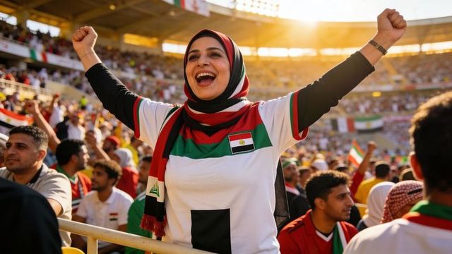 Middle eastern woman cheering in stadium during golden hour wearing hijab and flag
