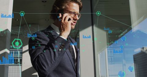 Professional Caucasian Businessman Using Smartphone with Digital Data Concept