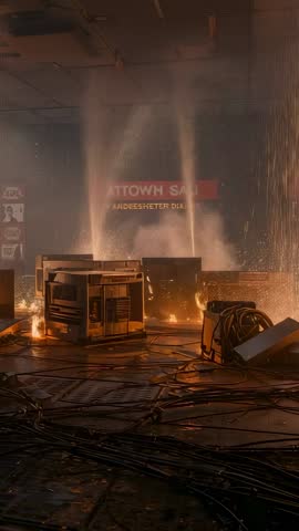 Vertical video of sprinklers sweeping industrial generator in basement while steam and water mix