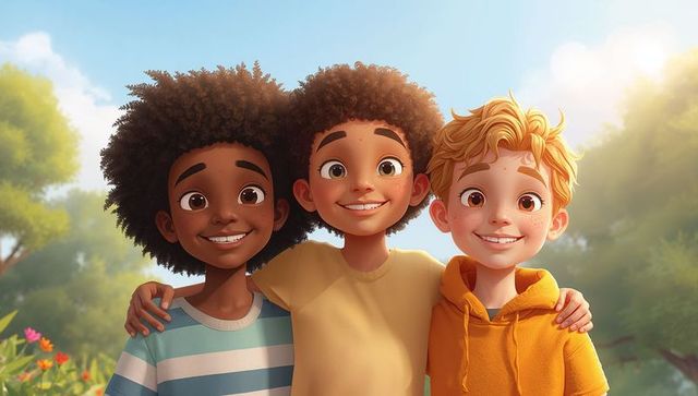 Smiling diverse boys linking arms in sunlit park, playful childhood friendship outdoors