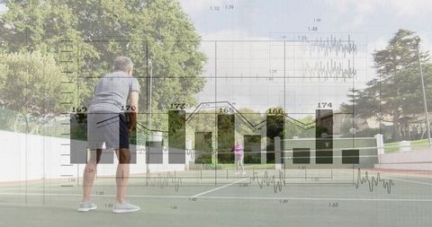 Elderly Couple Engaging in Competitive Tennis Match with Data Overlay
