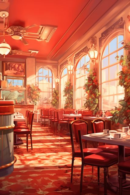 Vintage café interior with red decor and antique furniture, bathed in warm sunlight. Characterized by large windows, elegant antique chairs and tables, and retro light fixtures, this image evokes a feeling of nostalgia and comfort. Perfect for restaurant advertisements, hospitality brochures, lifestyle blogs, or social media posts that highlight cozy dining experiences and charming atmospheres.