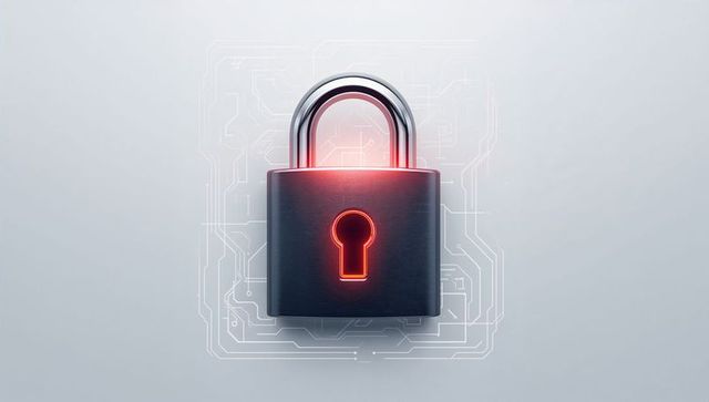 Red-Glowing Padlock on Circuit Traces Representing Cybersecurity, Encryption, Data Protection