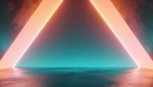 Glowing neon triangle portal inside futuristic chamber reflecting on shiny floor