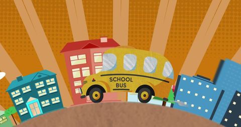 Cartoon School Bus with Colorful Buildings