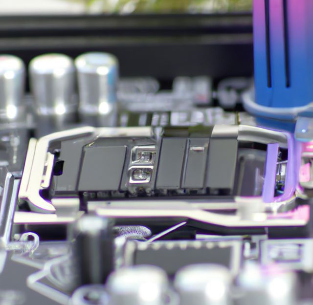 This detailed close-up showcasing a CPU socket with rainbow-colored accents on a motherboard highlights the intricate components and advanced technology involved in modern computer hardware. Suitable for use in tech blogs, industry reports, educational materials, and product advertisements focused on upgrading or building computers and technology themes.