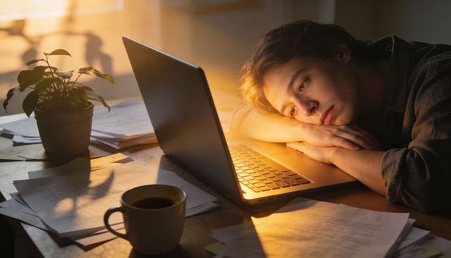 Young man leaning on desk staring at laptop late at night amid paperwork and coffee reflecting
