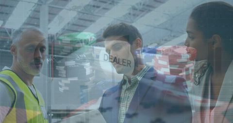 Business strategy discussion in warehouse with financial graphics overlay