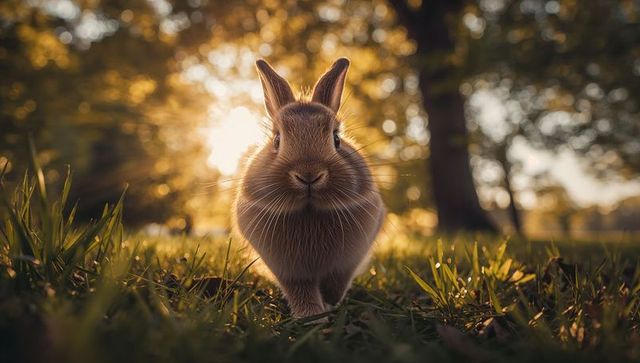 Backlit brown bunny exploring dewy meadow at sunrise golden hour close-up