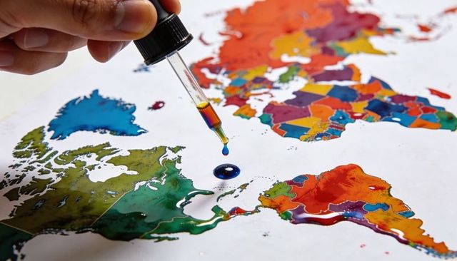 Hand dropping multicolored ink onto world map creating vibrant global watercolor
