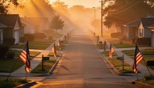 Waving american flags lining quiet suburban street at golden sunrise