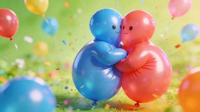 Hugging blue and red balloon figures on vibrant meadow with confetti and floating balloons