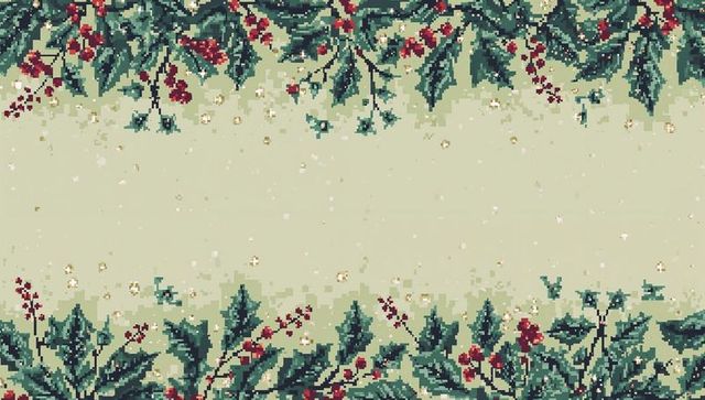 Pixelated holly border framing pale green panel with gold fleck festive tapestry pattern