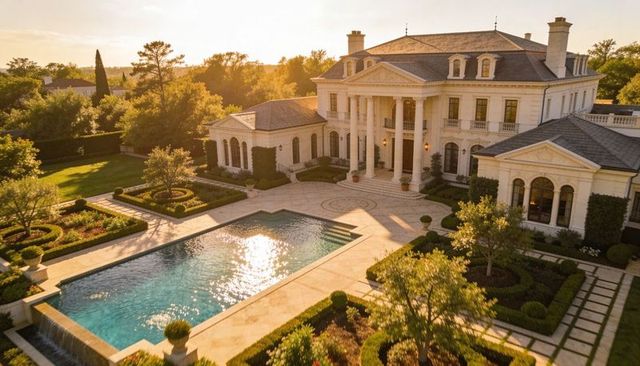Neoclassical mansion basking in golden sunset with reflecting pool and formal gardens