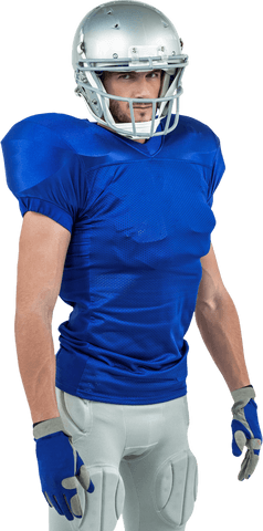 Confident american football player in blue uniform on transparent background