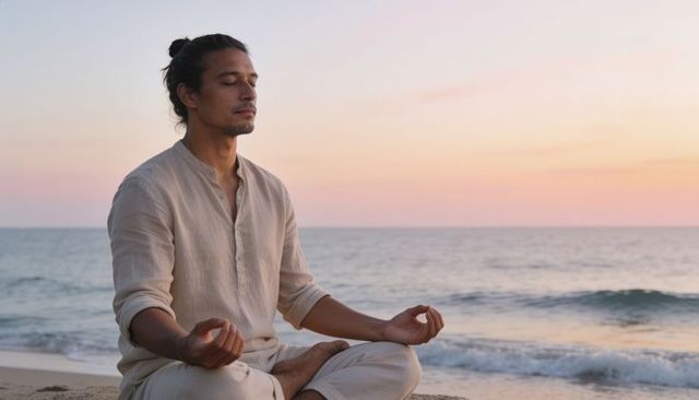 Man meditating in lotus pose on beach at sunset with pastel sky and calm ocean wellness