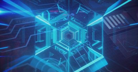 Glowing hexagonal tunnel moving toward vanishing point with neon hud panels, futuristic tech
