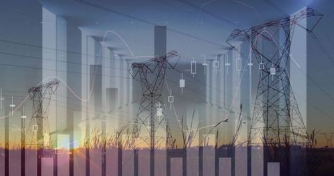 Electric transmission towers merging with financial charts at sunset for energy analytics