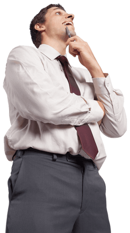 Transparent Businessman Thinking Holding Pen Chin Meditating