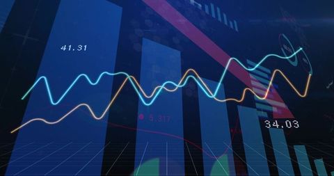 Futuristic Financial Data Visualization with Neon Line Charts and Vertical Bar Graphs