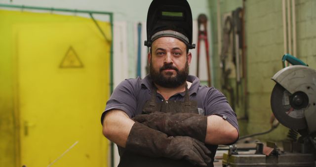 Confident Metal Worker in Workshop with Welding Helmet - Download Free Stock Images Pikwizard.com