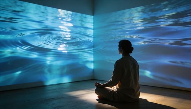 Woman meditating in immersive blue water projection, silhouette in calm meditative corner