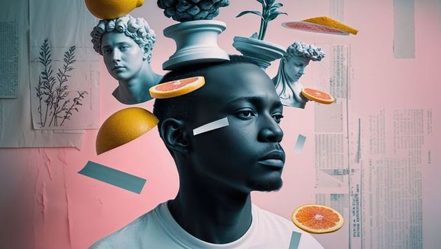 Surreal Composition with Floating Creative Elements