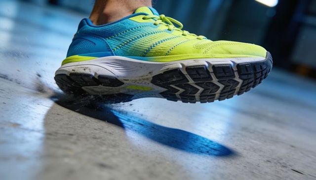 Neon blue-yellow running shoe skidding on concrete, kicking dust and showing midsole scuff