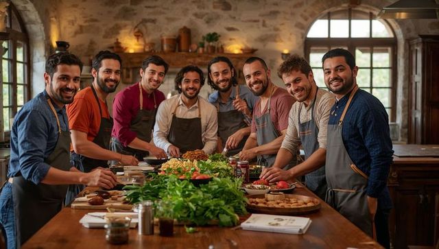 Nine chefs wearing aprons chopping herbs and plating appetizers in rustic farmhouse kitchen