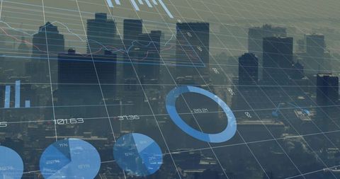Futuristic urban financial analytics overlay featuring 3d grid, ring, pie and line charts