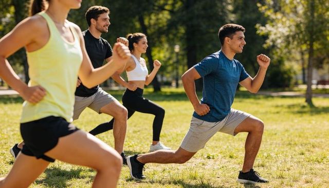 Group performing forward lunges in sunny park outdoor workout class for strength, cardio