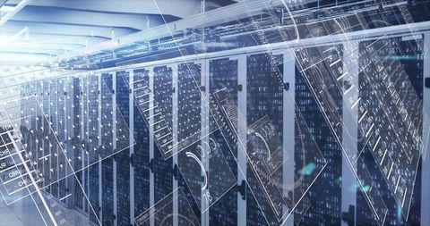 Futuristic data center aisle with glowing server racks and digital binary overlay