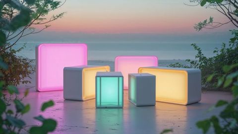 Pastel hue light boxes enhancing oceanfront tranquility
