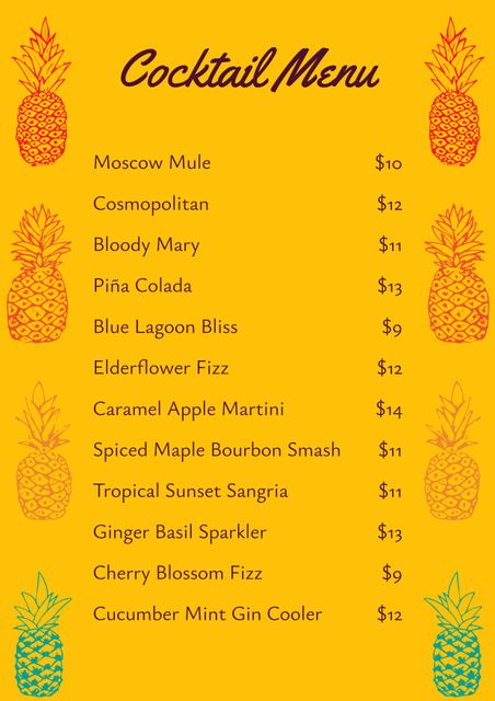 This bright tropical-themed cocktail menu decorated with colorful pineapples perfectly blends summertime fun with mouthwatering drinks. Ideal for beach bars, tropical-themed parties, summer events, or bars introducing a special cocktail list. The eye-catching design makes it suitable for social media marketing, posters, and flyers aimed at enticing customers with its fun, vibrant feel. Ideal for promoting visually any events celebrating summer or tropical atmospheres.