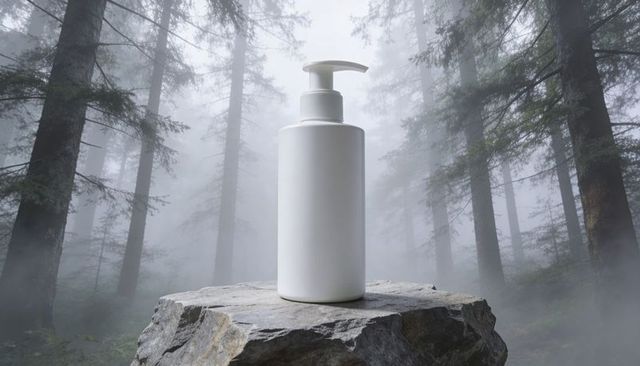 Matte white pump bottle standing on foggy forest boulder for natural skincare branding