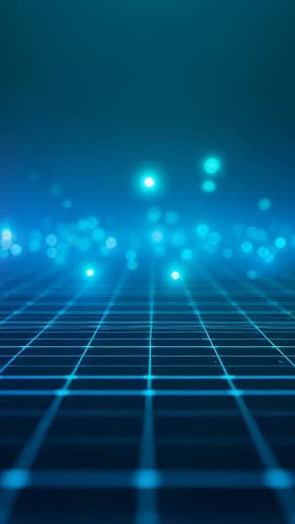 Vertical neon grid rising through glowing cyan and teal orbs drifting in soft bokeh