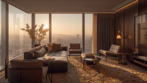 Sunset-Bathed Luxury Living Room with Tufted Sectional and Floor-to-Ceiling City Views