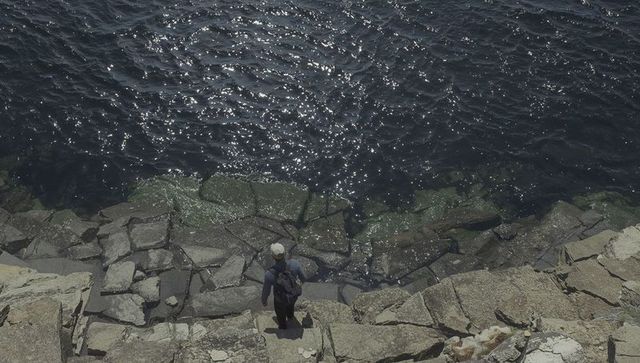 Overhead lone hiker standing on rocky jetty scanning sunlit water and algae, coastal solitude