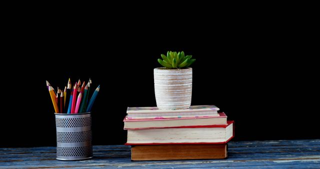 A neat arrangement of colored pencils and a potted plant atop a stack of books against a dark background, with copy space. It evokes a sense of organization and preparation for a creative or academic endeavor.